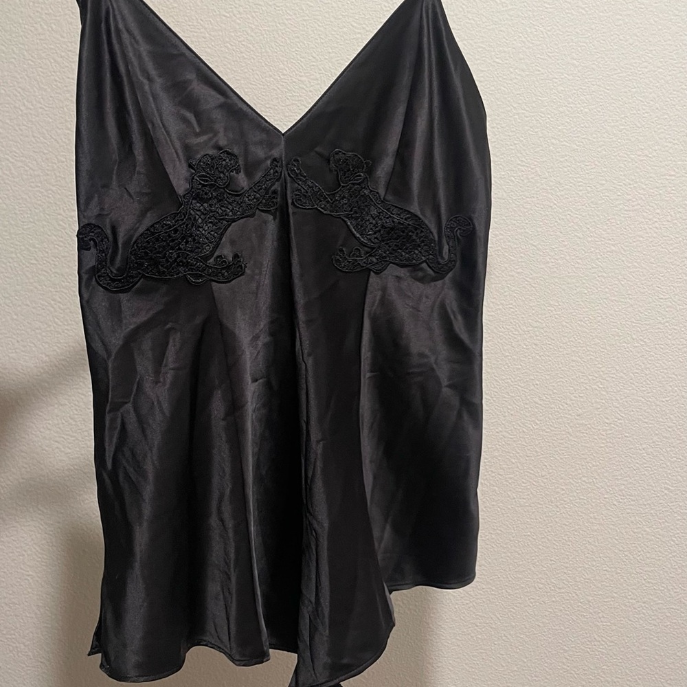 Victoria's Secret Black Satin Lace Appliqué Slip